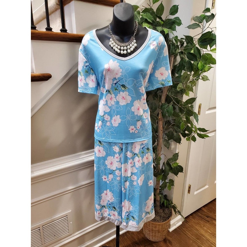 SHEIN Womens Blue Floral Polyester Top Blouse & Trouser Pant Panama Set Size XL